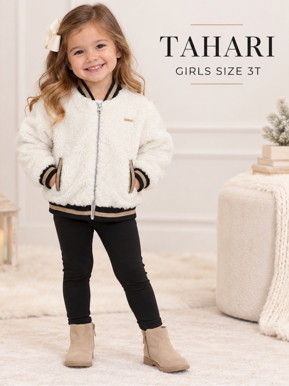 Tahari Baby Girl Sherpa Bomber Jacket 3T, White & Gold Trim fall winter fashion